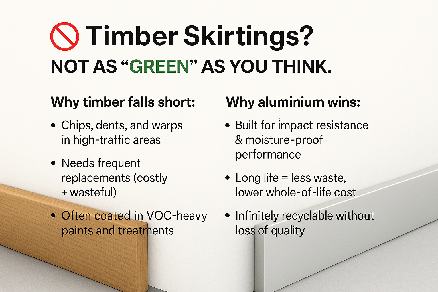 Why Timber Skirtings Aren’t the Sustainable Choice – and Why Aluminium Wins in Heavy-Duty Commercial Spaces