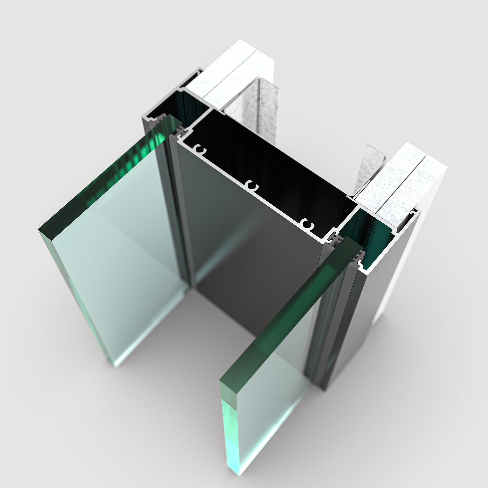 A 3D rendering of the Definium 145 Suite, showcasing an aluminum glazing system with options for offset or double glazing, incorporating 92mm stud and 13mm plasterboard.