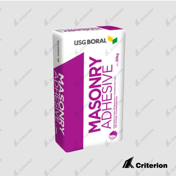 Boral Masonry Adhesive Boral Masonry Adhesive is a plaster based adhesive compound formulated to bond plasterboard sheets to masonry, brick or concrete walls. It has high bond strength, offering a long setting time and is suitable for bonding to difficult